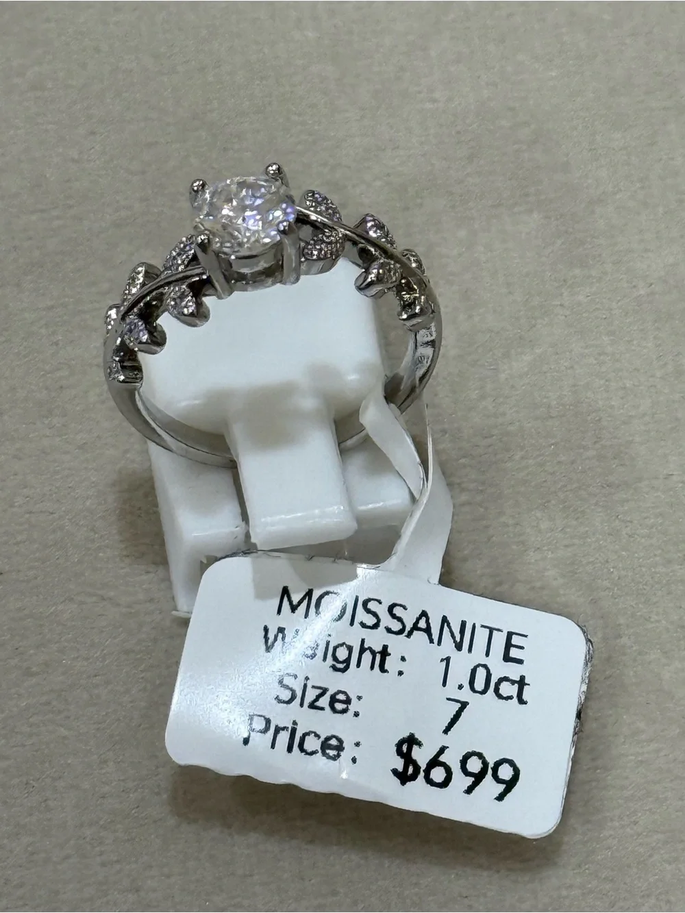 Moissanite Solitaire Leaf Accent Ring in Silver - Size 7